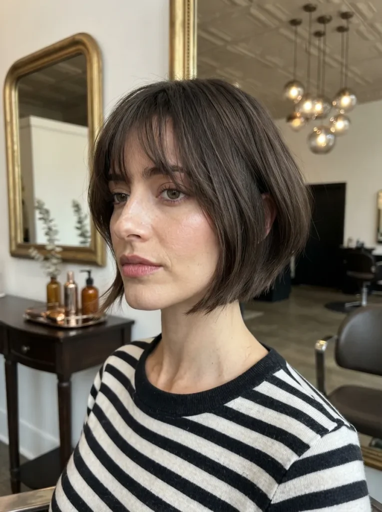 A woman wearing a striped top and sporting a dark brown straight bob haircut with subtle bangs.