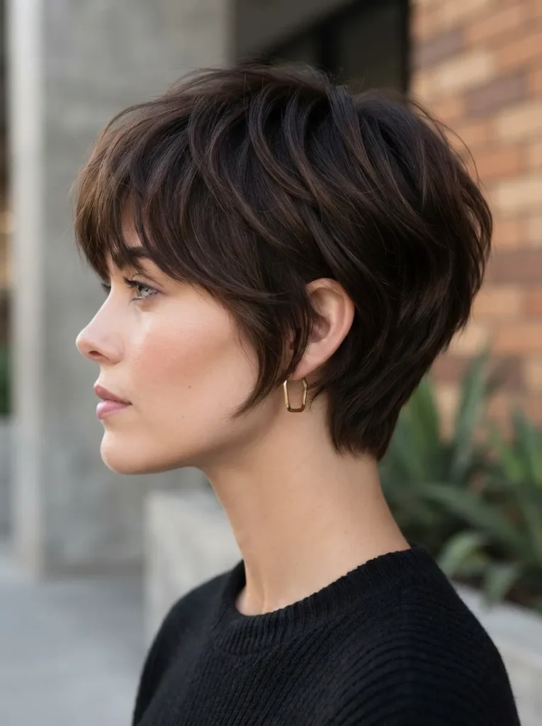 Side profile of a woman with a dark brown pixie bob haircut and black sweater