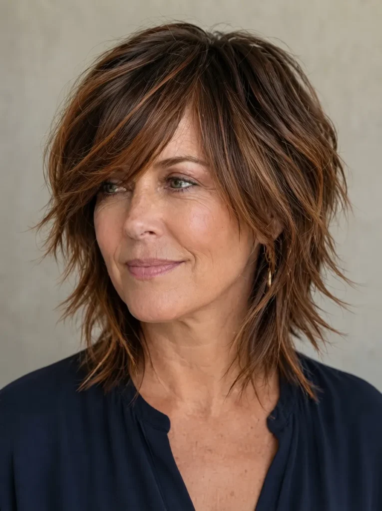 Dark brown shag haircut with caramel highlights and side-swept bangs