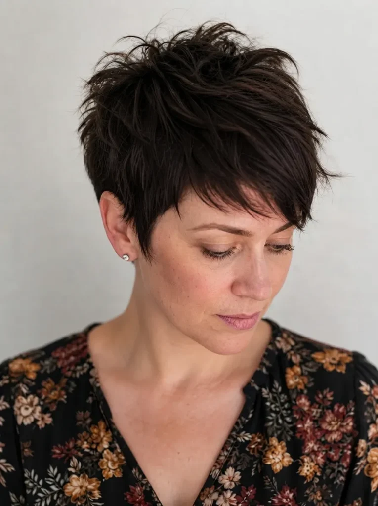 Close-up of a woman with a dark brown textured pixie cut wearing a floral top