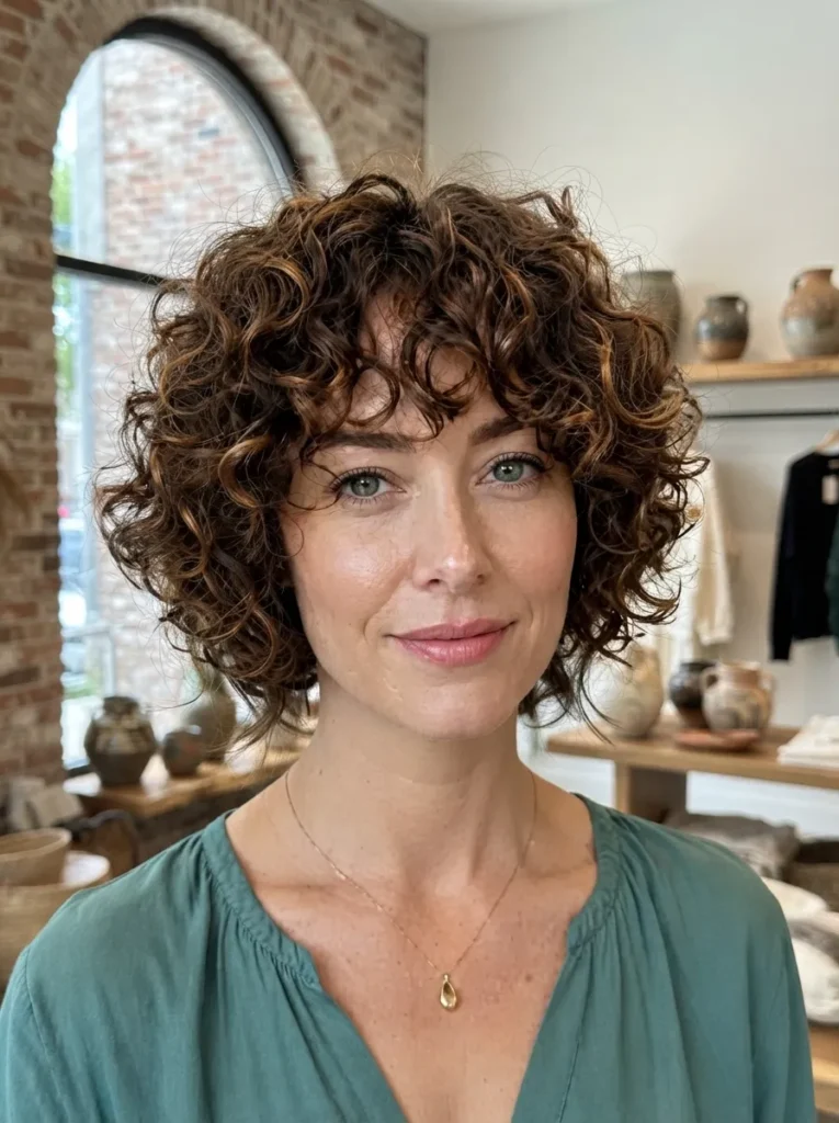 A woman with a dark brown tight curly bob wearing a green top.