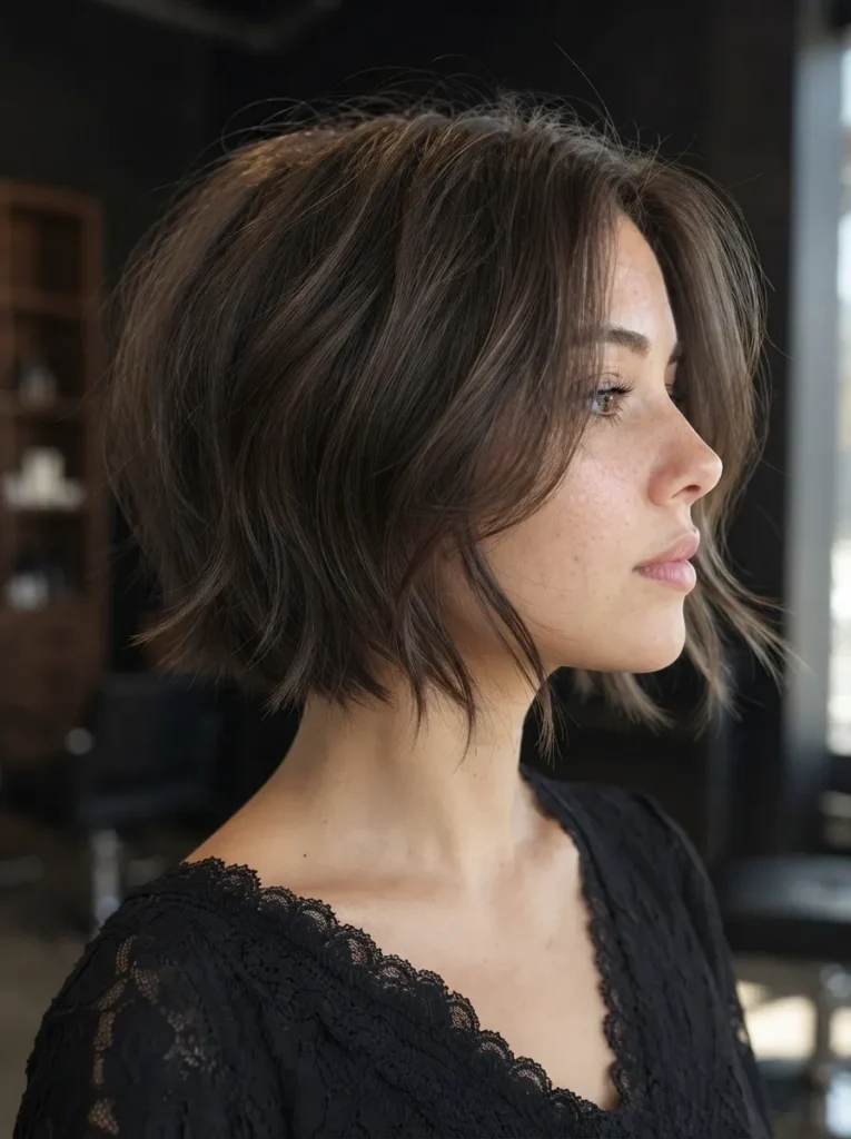 Side profile of a woman with a dark brown wavy bob and lace top in a salon setting