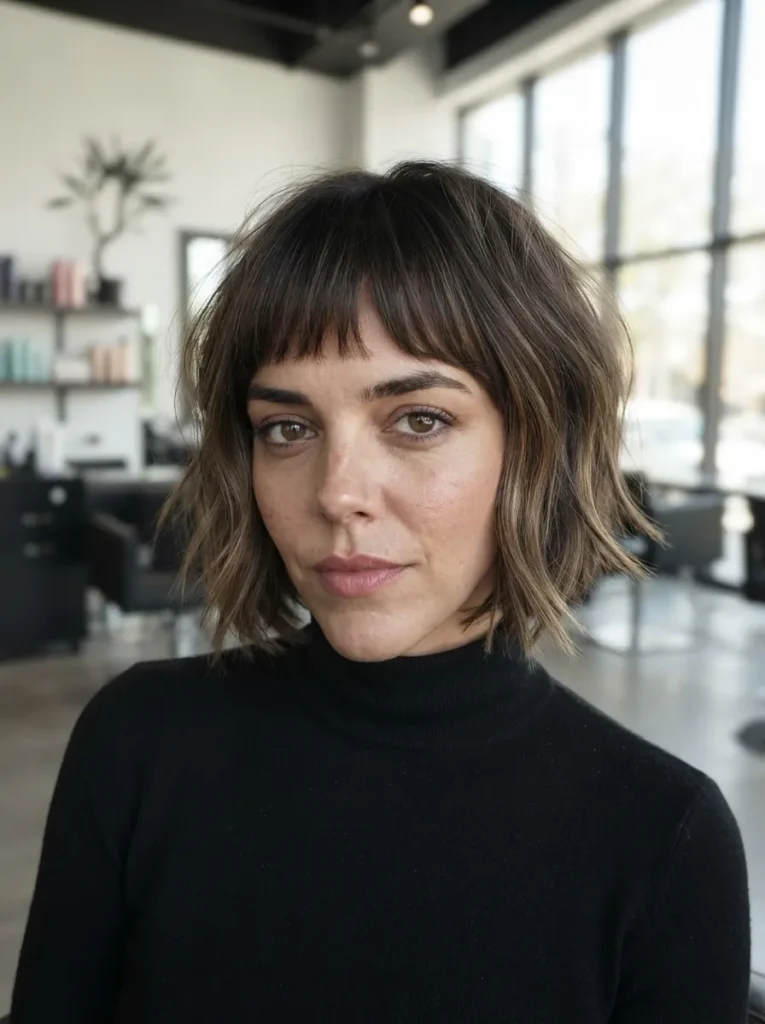 A woman with a dark brown wavy bob and micro bangs wearing a black turtleneck.