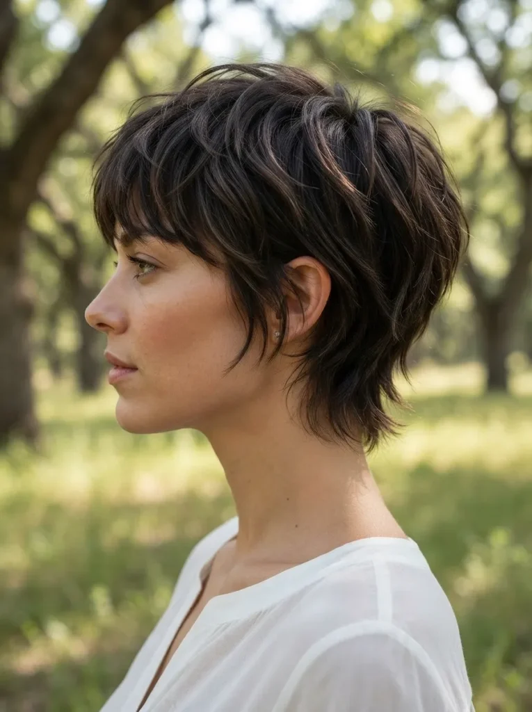 Side profile of a woman with a dark brunette pixie shag hairstyle against a nature background