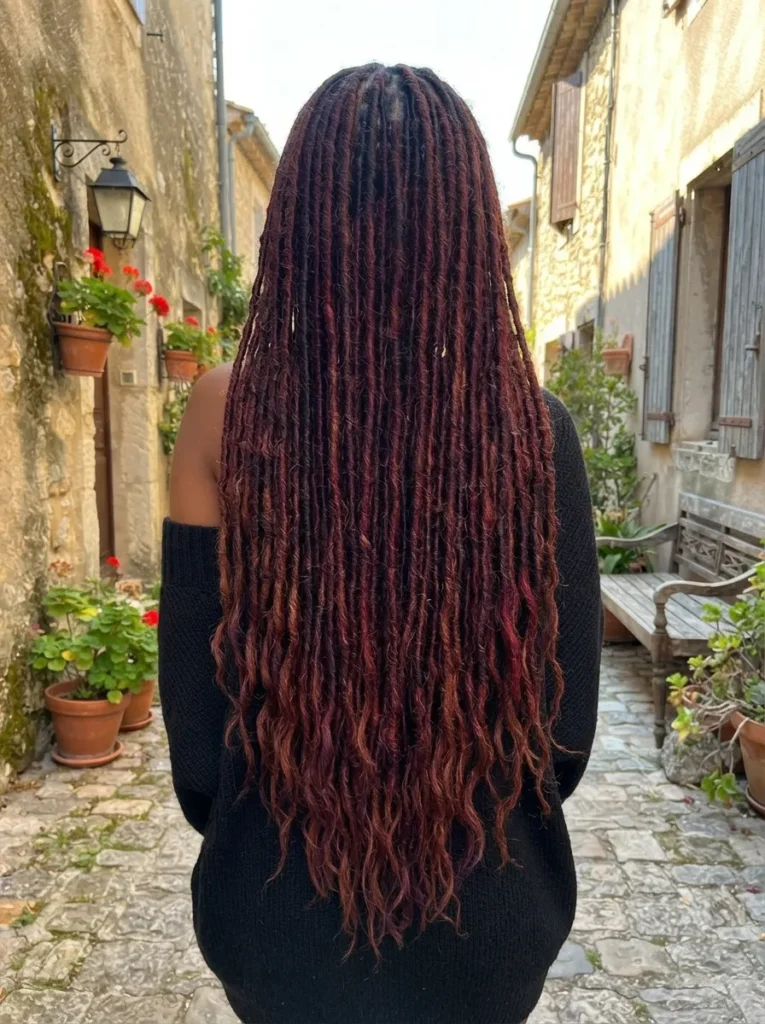 Back profile of someone wearing very long, dark red and burgundy faux locs with wavy textures, standing in a narrow European-style alleyway