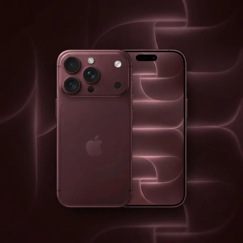 Two dark burgundy smartphones displayed against a matching abstract textured background