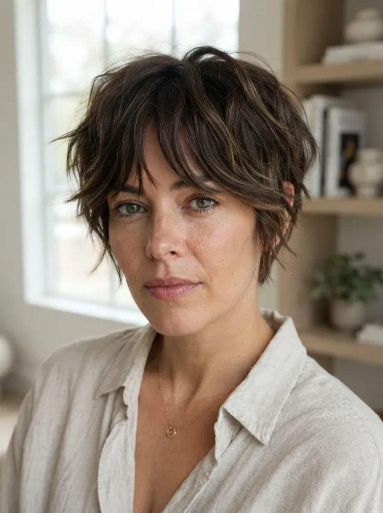 Front view of a woman with a choppy dark pixie cut and soft curtain fringe wearing a neutral linen shirt
