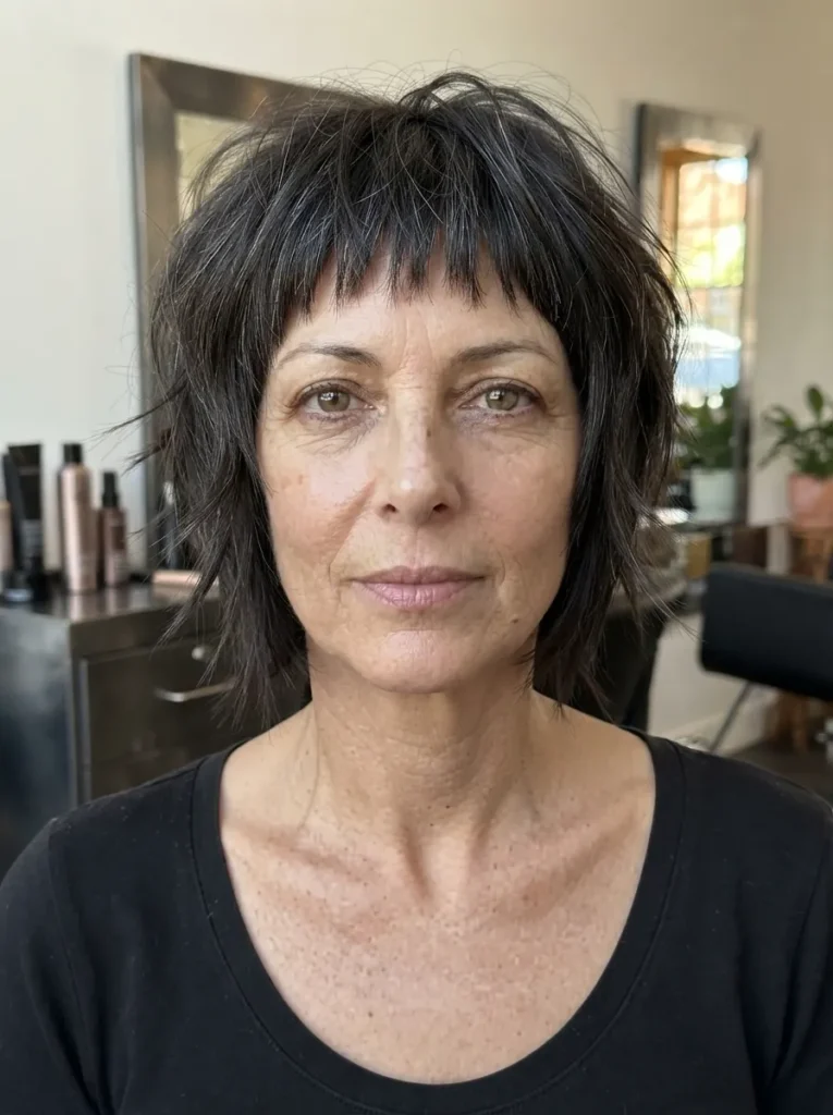 Front view of a woman with dark, shoulder-length choppy hair and textured fringe bangs in a salon setting.