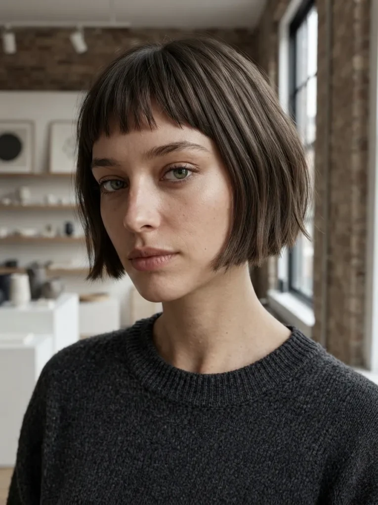 Dark brown textured bob haircut with short micro bangs and a dark sweater