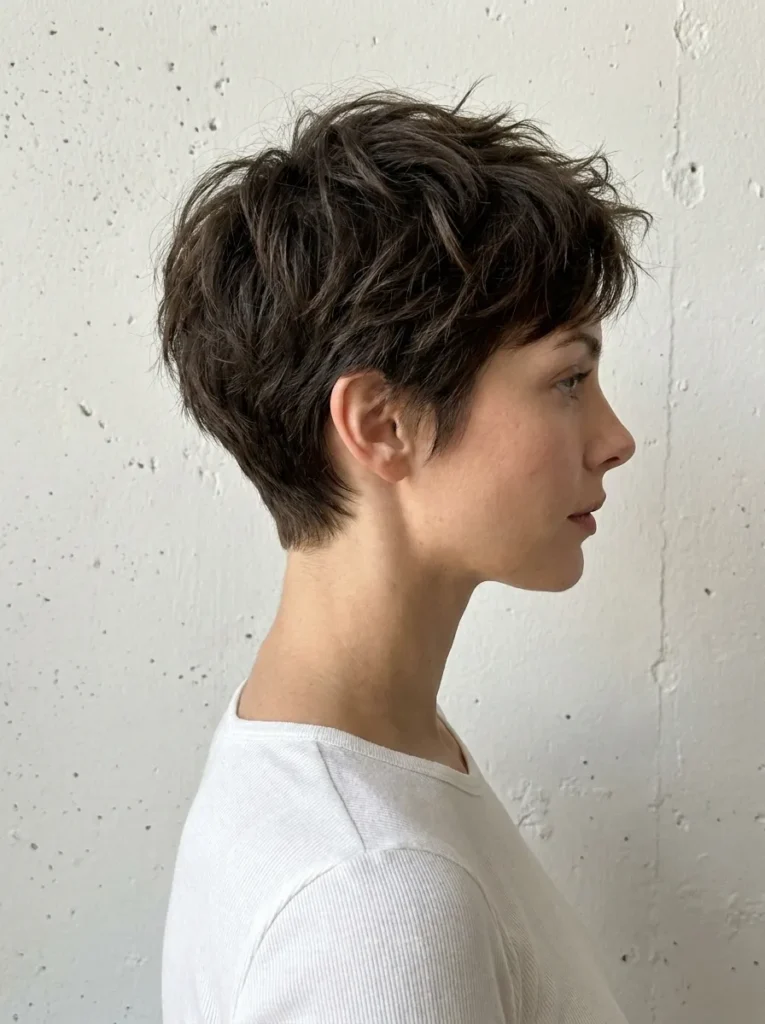 Side profile of a woman with a wavy, textured dark brown pixie cut, wearing a white crewneck shirt.