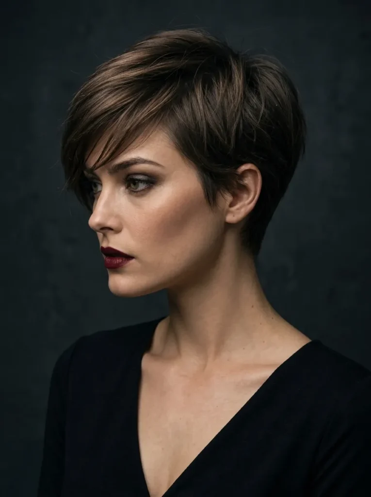 Woman with a sleek, dark brunette pixie cut with side-swept bangs, dark lipstick, wearing a black V-neck top.