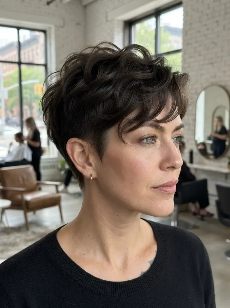 Woman in profile view showcasing a dark brown textured pixie cut with wavy top volume and side-swept bangs