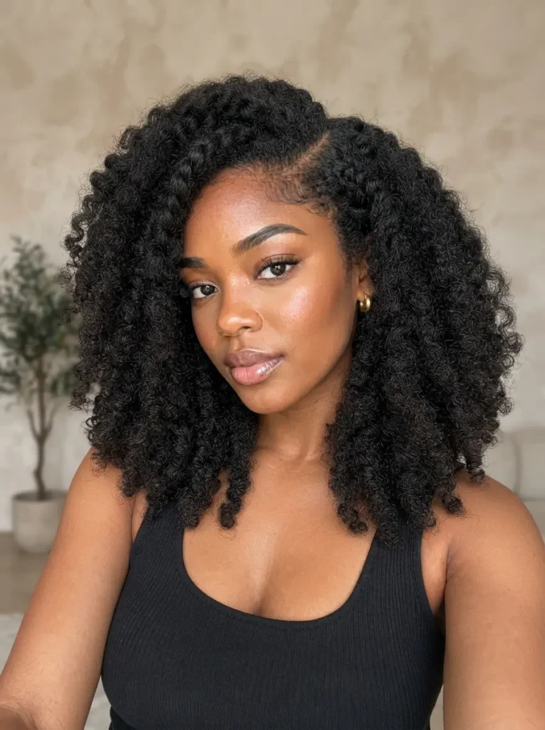 A Black woman with shoulder-length, defined braid-out curls and a side-parted hairstyle wearing a black tank top.