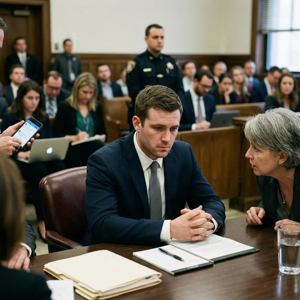A man in a suit sitting at a courtroom desk attentively listening and consulting with his female counsel