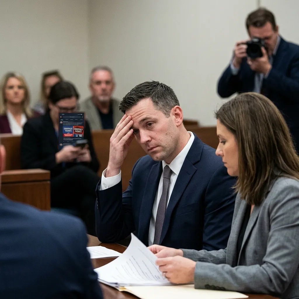 A stressed man in a suit with his hand on his forehead sitting at a courtroom table next to his attorney.