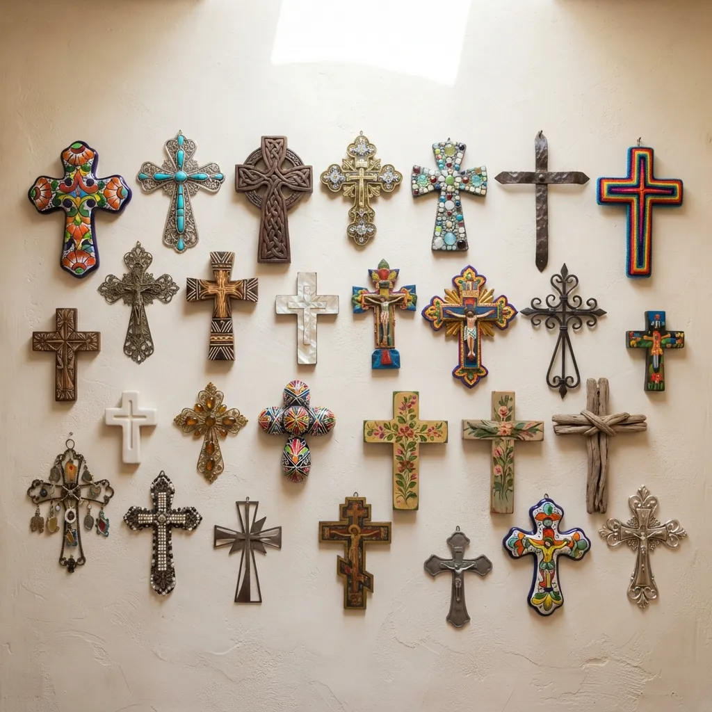 : A diverse gallery wall display featuring a large collection of decorative wall crosses in various styles, materials, colors, and designs, including carved wood, metal, ceramic, and mosaic pieces.
