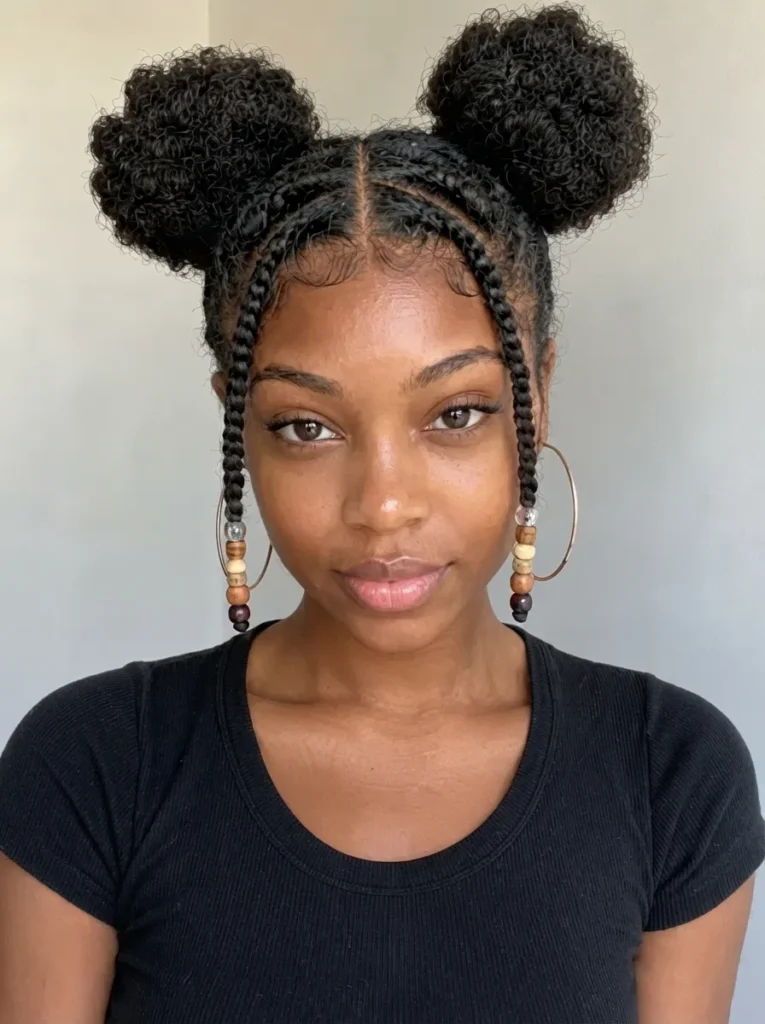 A Black woman with her curly hair styled into two high space buns and two braided strands framing her face with colorful beads.