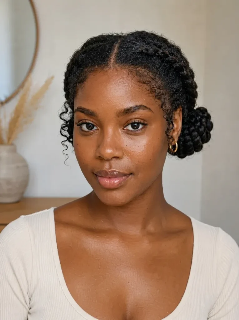 A Black woman facing forward with a sleek center part, crown twists, and a low braided bun, wearing a cream top and gold earrings.