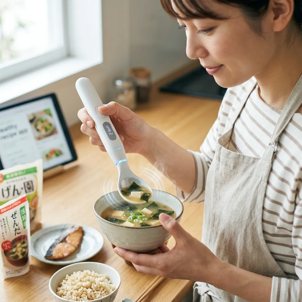 A woman in Japan testing sodium enhancement in soup using an innovative electric salt spoon device.