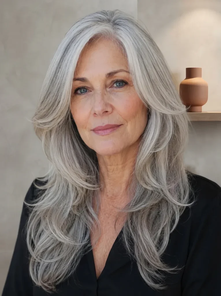 A mature woman with long, voluminous gray hair with a center part and soft layers, wearing a black top against a neutral background.