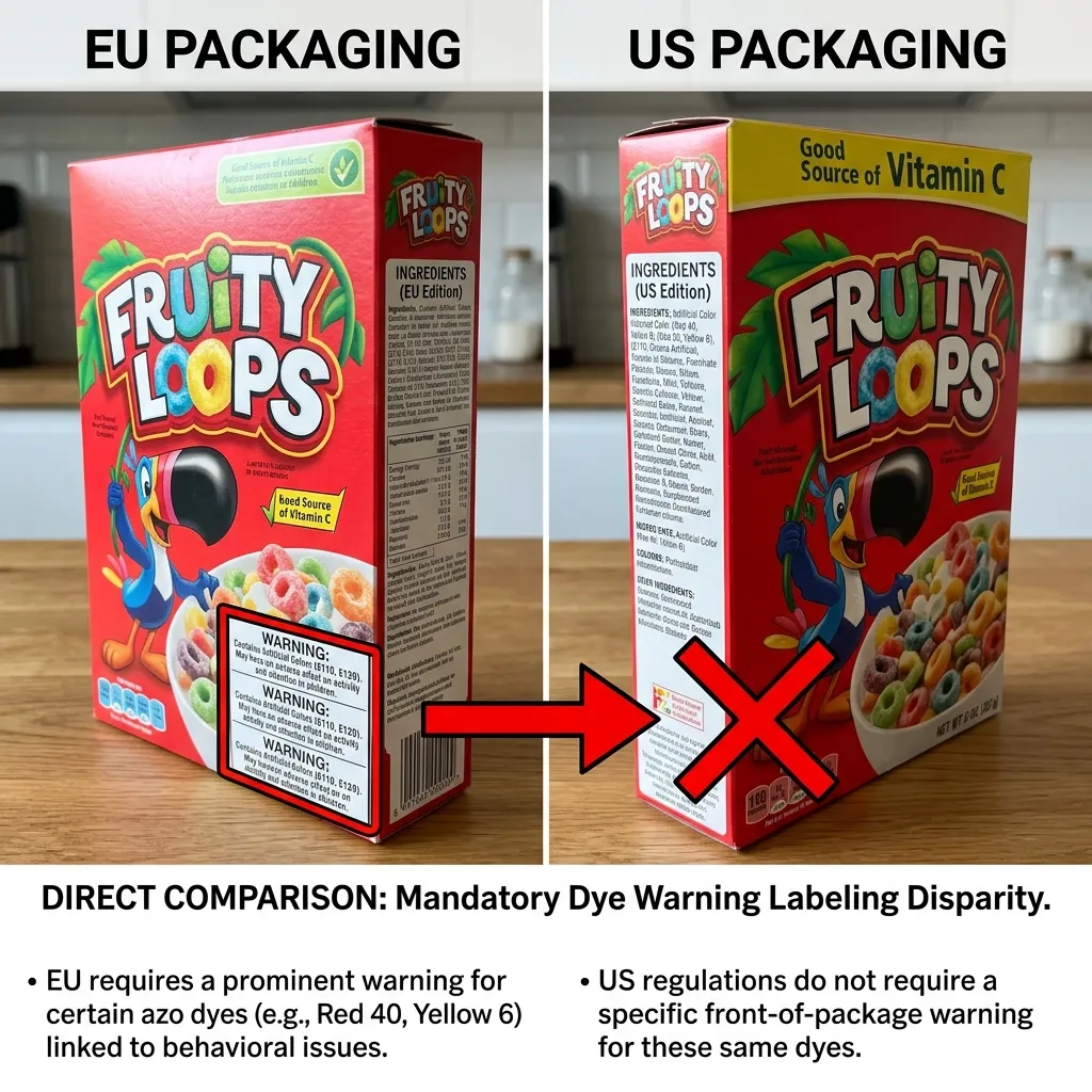 EU vs US cereal packaging comparison showing mandatory artificial dye warning labels in Europe versus standard labeling in the United States