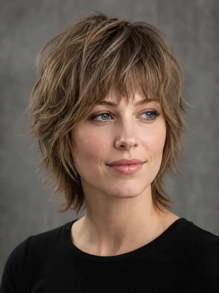 Woman with a feathered ash blonde shag haircut and subtle blue eyes looking away