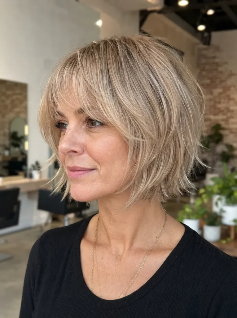Woman with a feathered blonde bob and wispy bangs in a modern salon background.