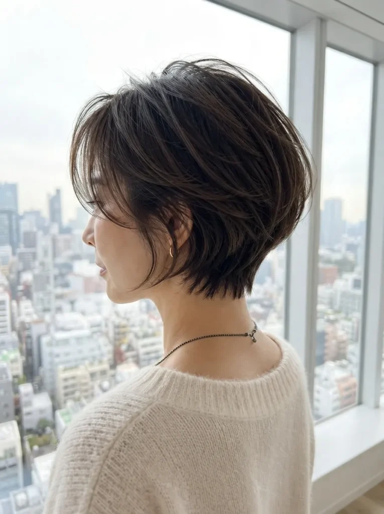 Side-back profile of a short, dark brown feathered bob with a tapered nape and soft layers near a large window.