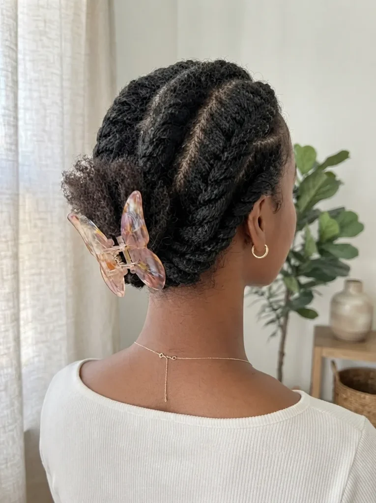 Back view of a Black woman with cornrows and flat twists gathered into a low updo secured with a large translucent butterfly claw clip.
