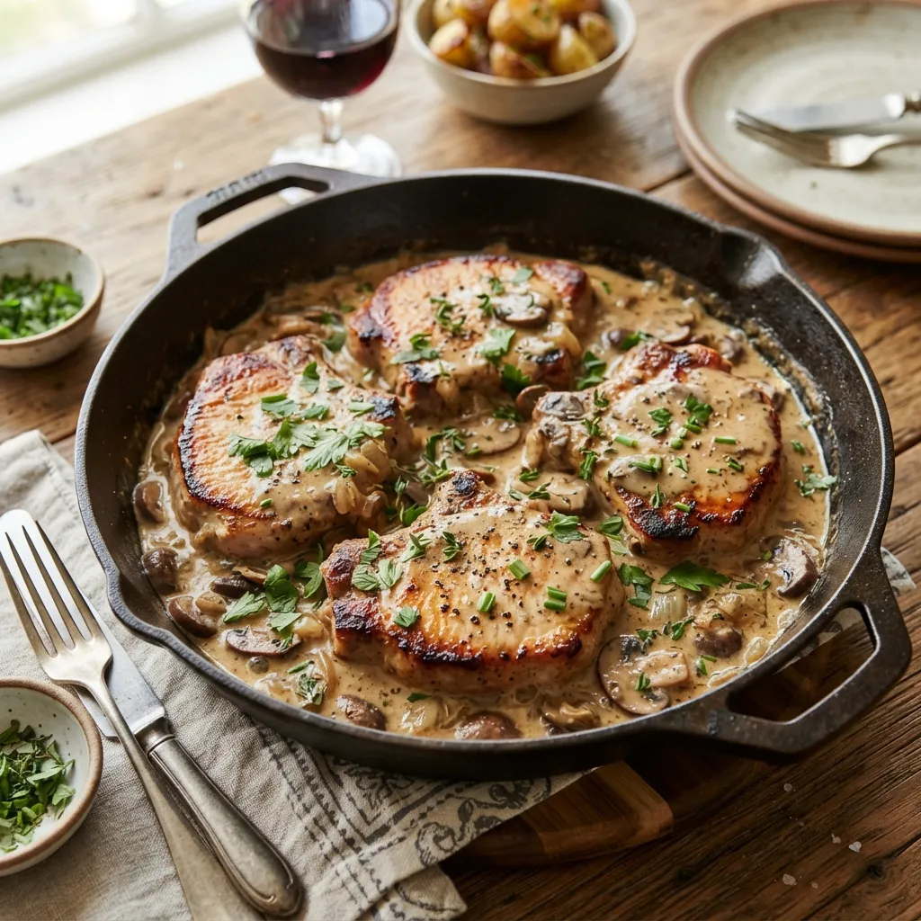 Four seared pork chops simmering in a creamy mushroom and herb sauce inside a cast-iron skillet.