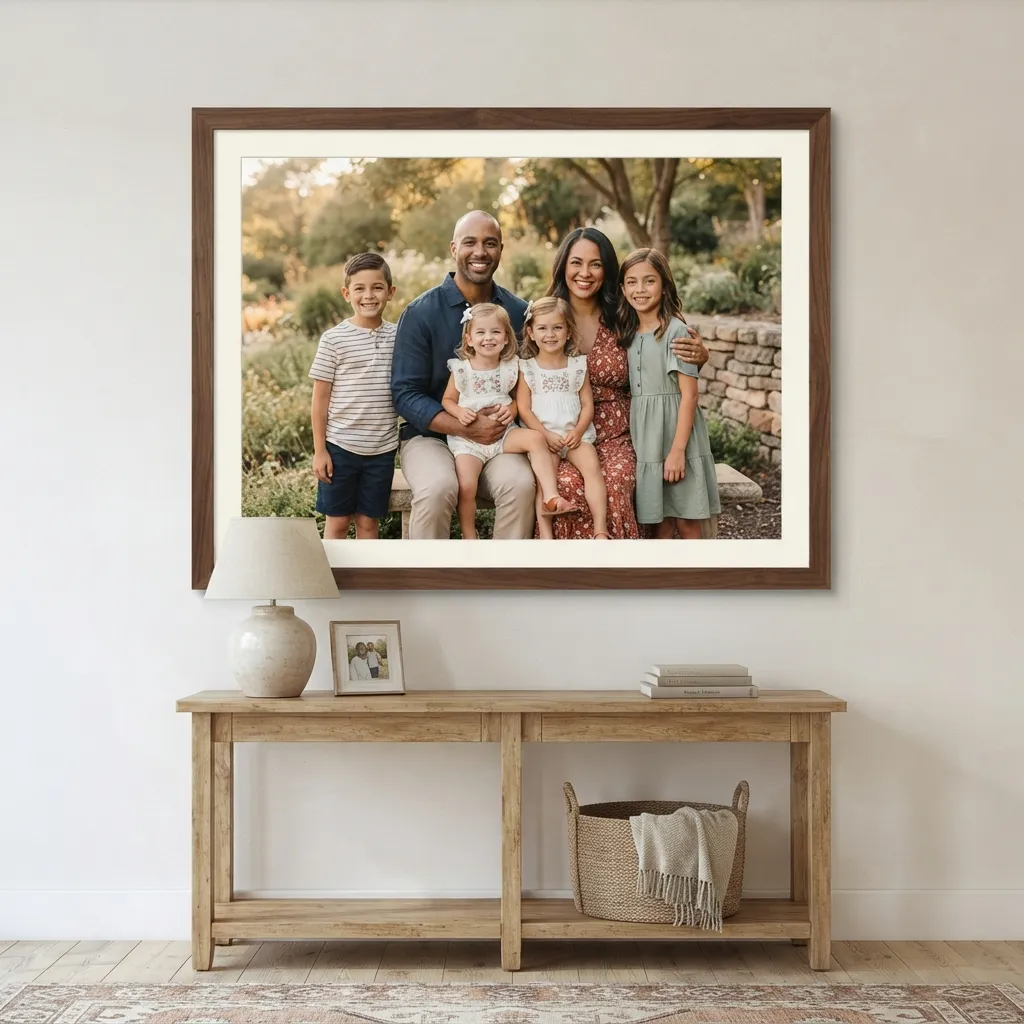 A large framed family portrait of a smiling couple and their four children sitting on a stone bench outdoors, hanging on a neutral wall above a wooden console table featuring a small lamp, framed photo, and a woven basket.