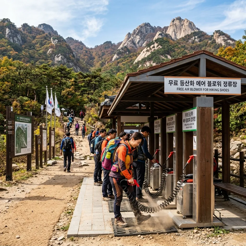 Hikers using a free air blower station to clean dust off their shoes at the base of a mountain in South Korea.