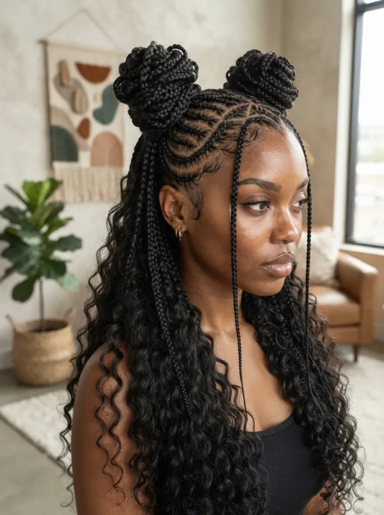 A woman with freestyle curved cornrows styled into two high space buns, with long curly hair cascading down and two front face-framing braids