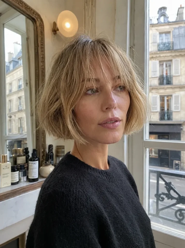 French textured blonde bob with bangs posing by a window with a city view