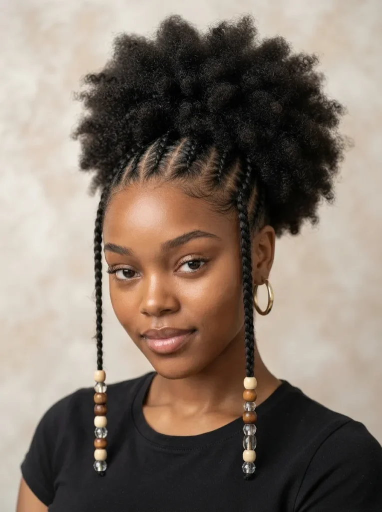 A Black woman with cornrows leading into a large, voluminous high afro puff, accented by two long face-framing beaded braids.