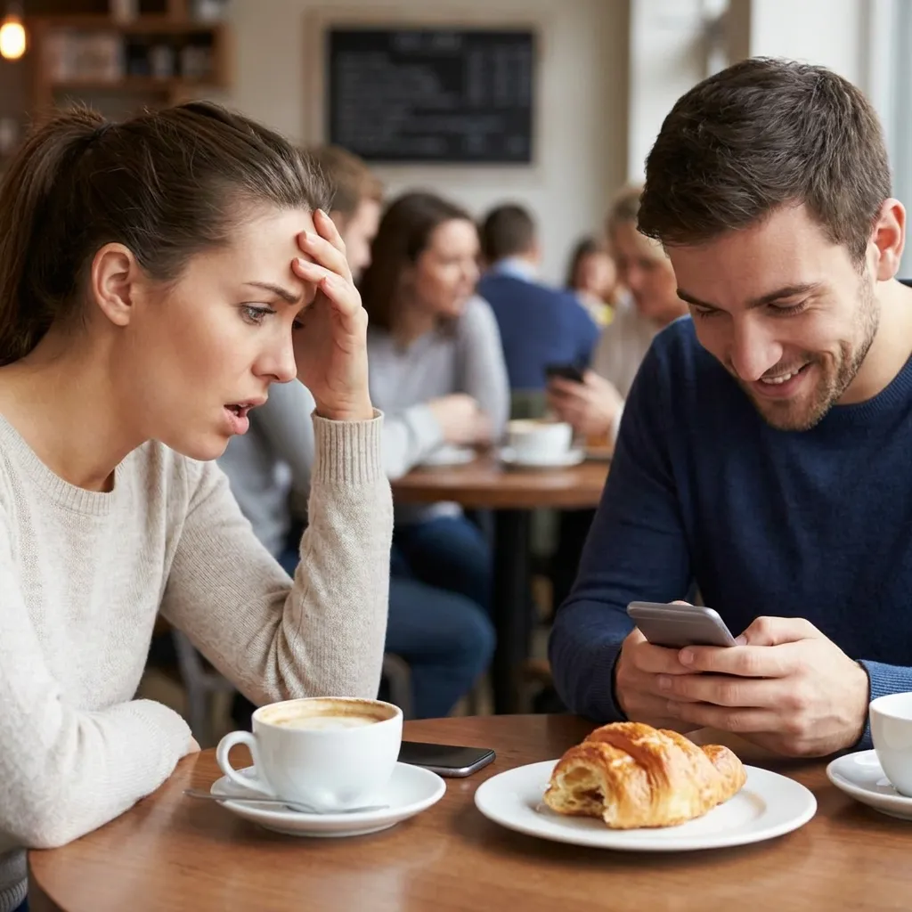 A frustrated woman sitting in a café with her hand on her forehead looking distressed, while her partner sits opposite her, smiling down at his smartphone.