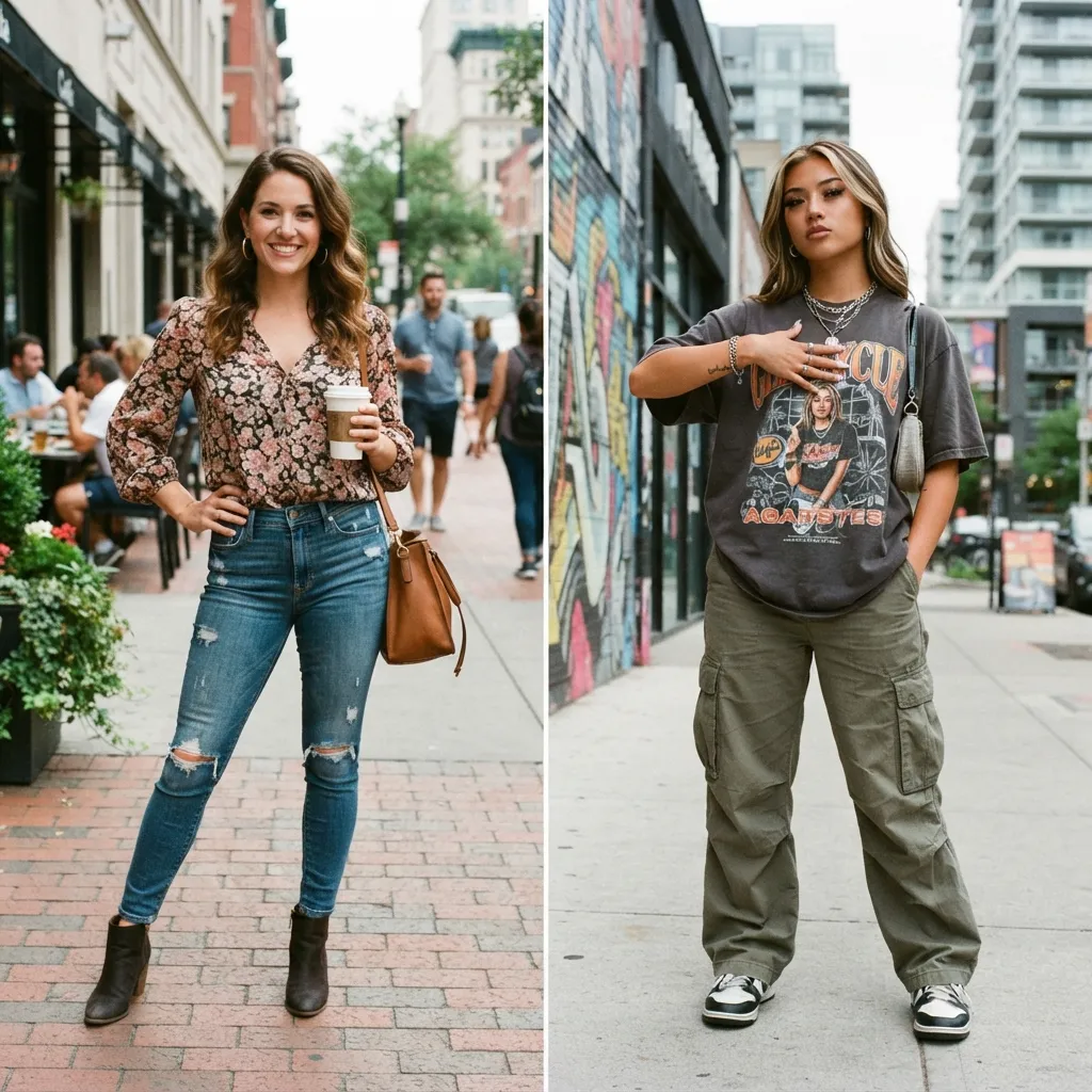 Side-by-side comparison of a millennial woman posing with a coffee cup and a Gen Z woman posing with her hand on her chest.