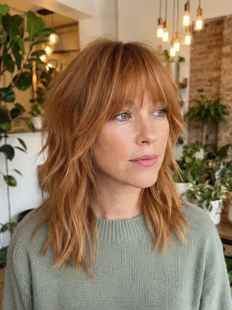 Woman with a ginger-red shag haircut and textured bangs wearing a green knit top.