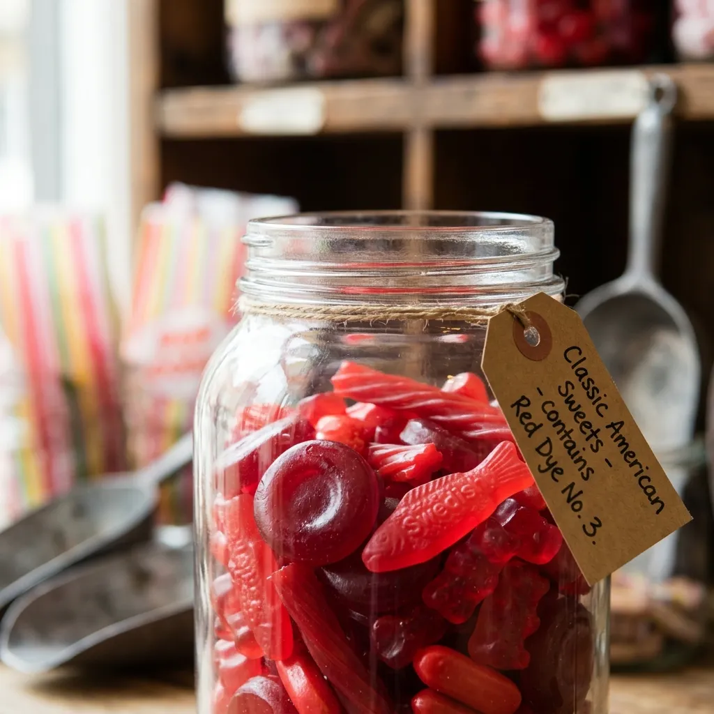 A glass jar filled with classic American red sweets featuring a tag about Red Dye No. 3.