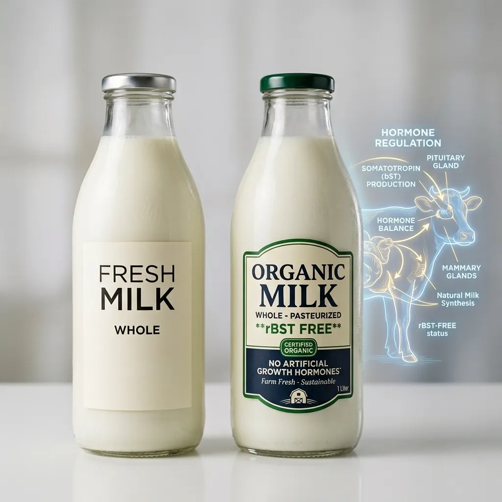 Side-by-side comparison of fresh milk bottles, featuring an organic rBST-free label and biological infographic.