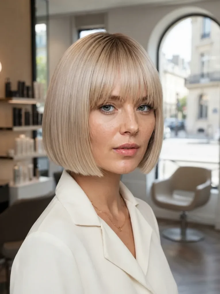 Glassy straight blonde chin bob with straight bangs and a white top