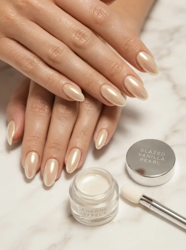 Two hands resting near a jar of glazed vanilla pearl chrome powder and an applicator brush, showing matching glazed pearl almond nails.