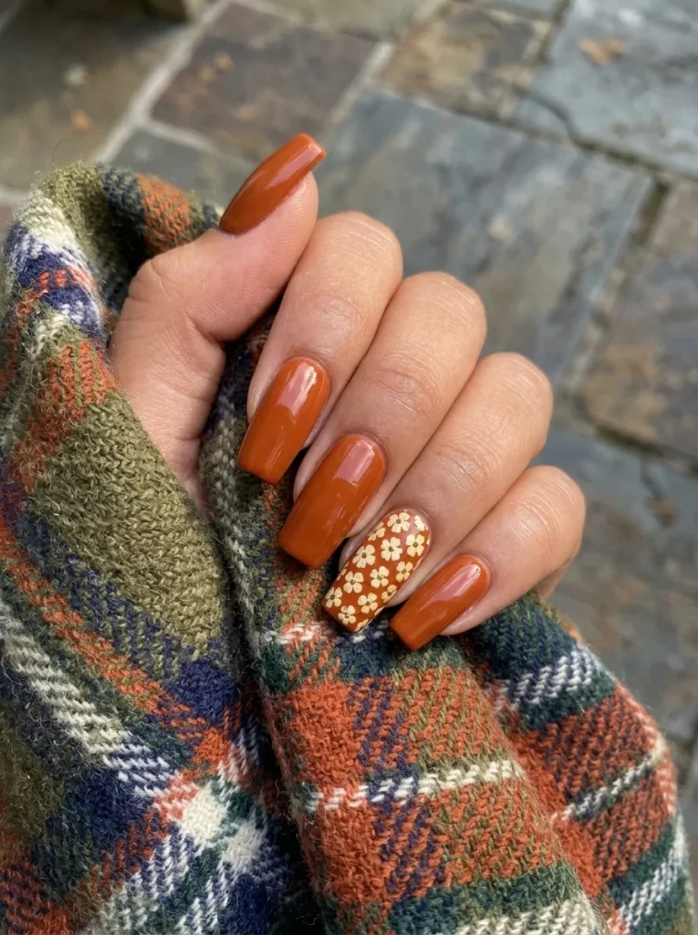 Hand in a plaid sleeve displaying glossy burnt orange square nails with a daisy floral accent nail.