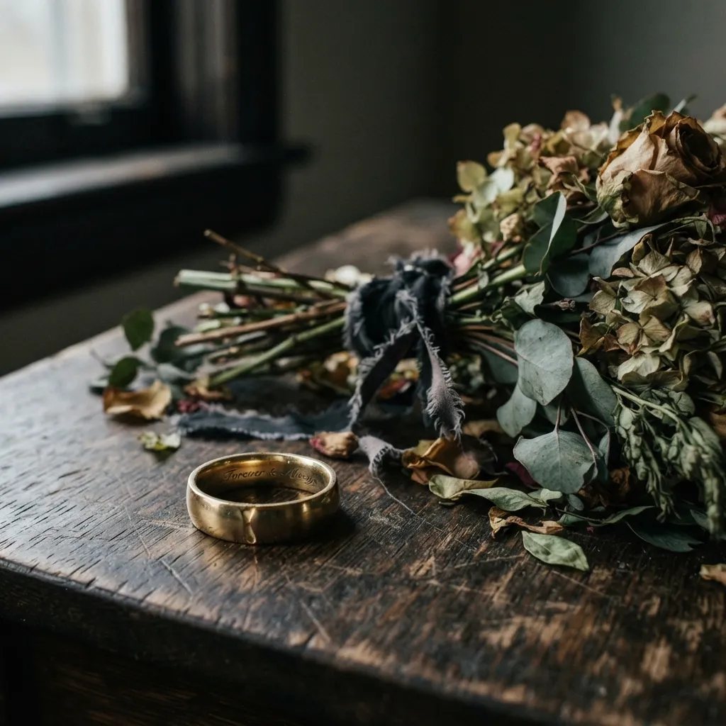 A gold wedding band engraved with "Forever & Always" resting on a dark wooden surface next to a bouquet of dried and withered flowers.