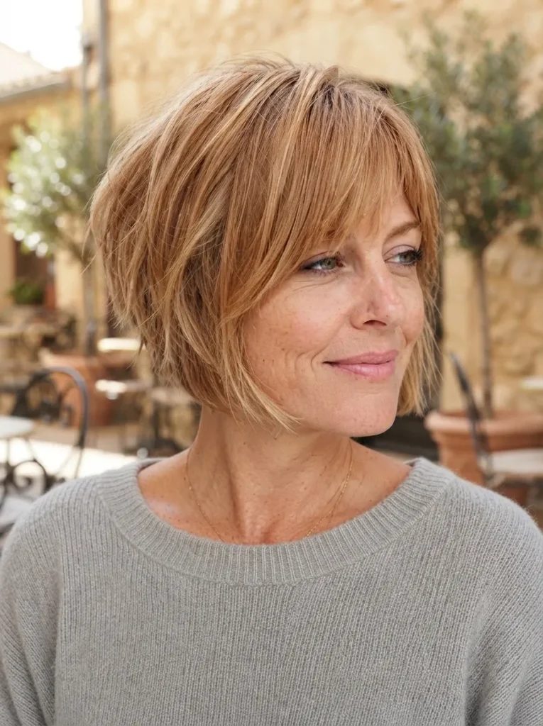 A smiling woman wearing a gray sweater with a golden-blonde layered bob and side-swept bangs.
