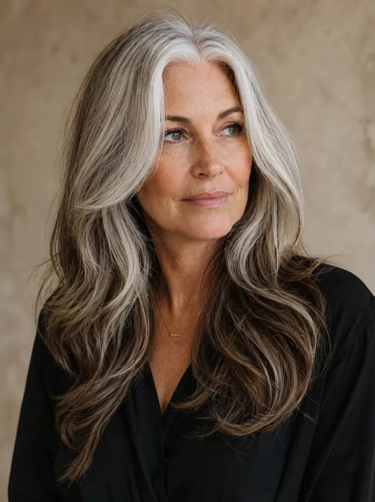 A mature woman with long, flowing dark hair accented by prominent silver and gray highlights around the face and parting line, wearing a black wrap top.