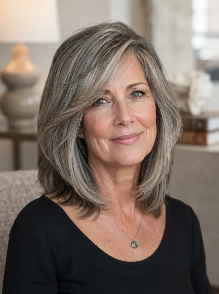 An older woman with long gray layered hair, side-swept bangs, and a silver pendant necklace.