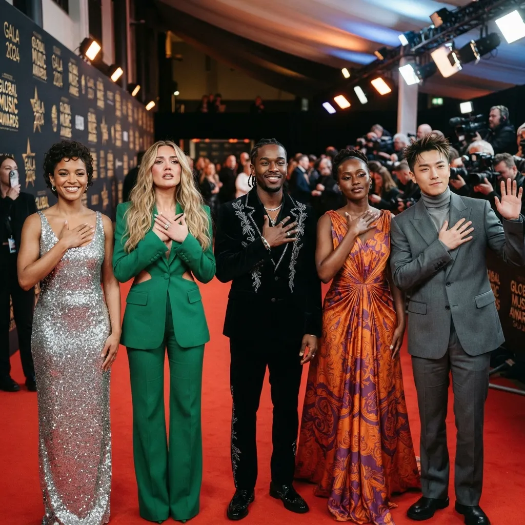 A group of celebrities posing together on a red carpet at an evening awards gala.