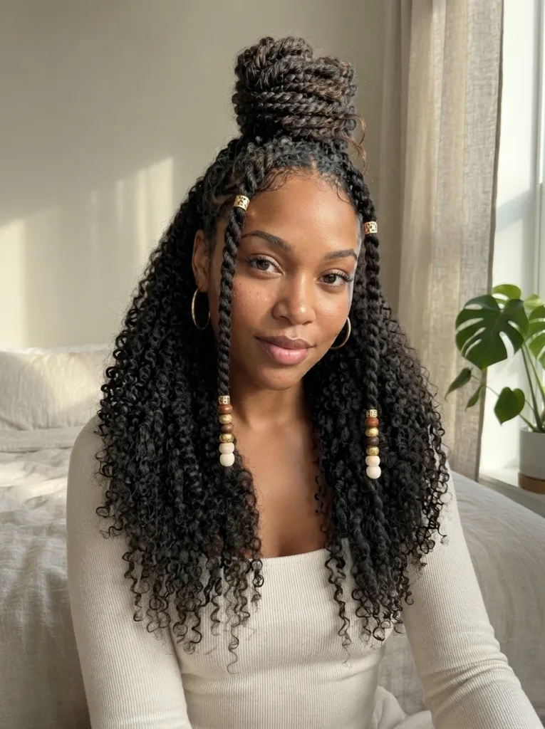 A Black woman with long curly hair styled in a half-up top knot, featuring two face-framing braids decorated with gold beads and cuffs.