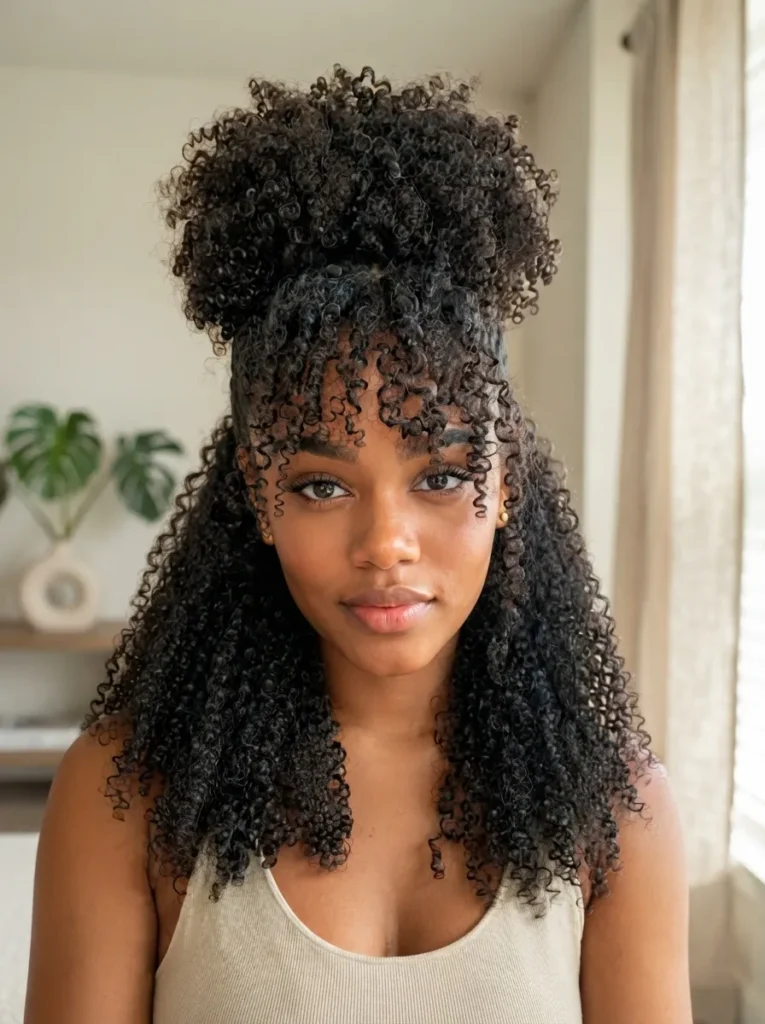 A woman with a half-up half-down curly hairstyle featuring cascading ringlets and soft bangs framing her face.